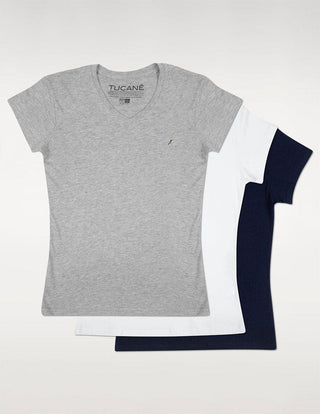 3 Pack Playera Mujer Cuello AIR V NECK Gris, Marino y Blanco--Tucanê